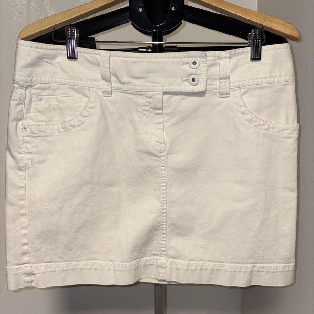 New LOFT Women's A-Line Short‎ Denim Skirt White Button Front High Rise Size 10